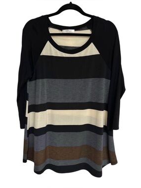 Emerald Large Colorblock Stripe Tunic Top Black Gray Cream 3/4 Sleeve Scoopneck
